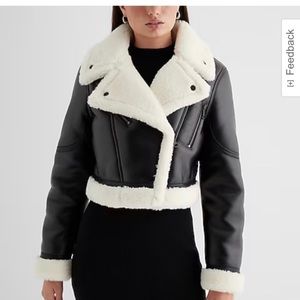 NWT Express Black Faux Leather Cropped Fur Biker Jacket Size XL